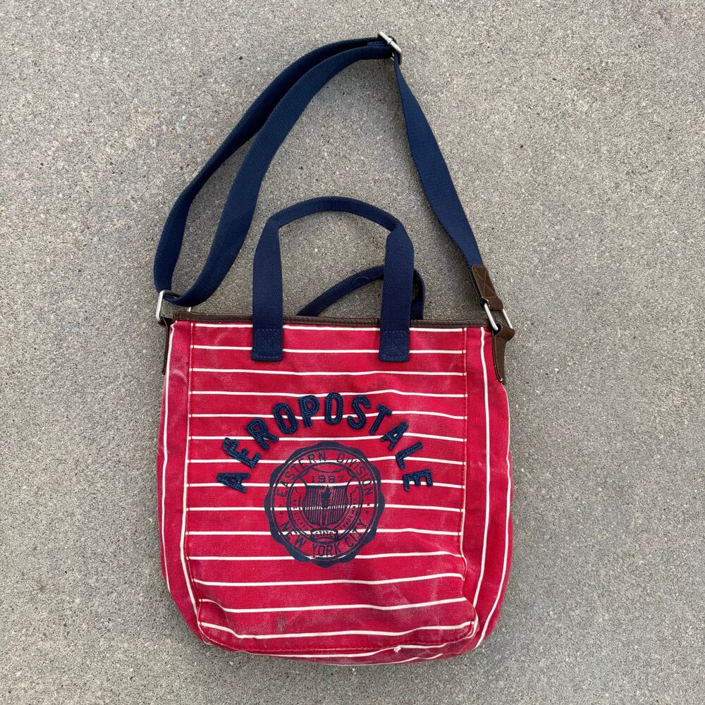 Y2K Aeropostale Canvas Tote Bag Purse Red Navy Stripe Double Straps Aero